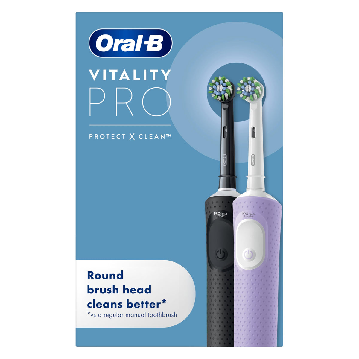 Oral-B Vitality Pro Electric Toothbrushes Adults, 1 Handle, 2 Oral B Electric Toothbrush Heads, 3 Brushing Modes Including Sensitive Plus, Rechargeable, 2 Pin UK Plug, Purple