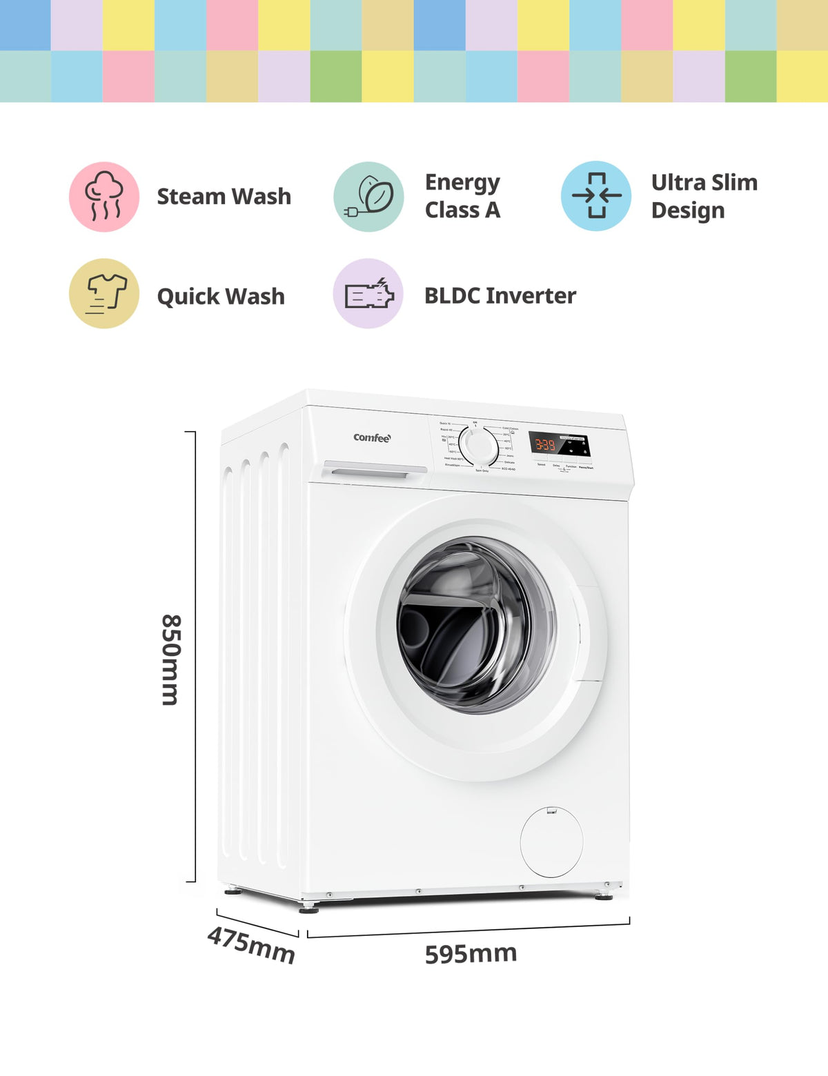COMFEE' 9kg Washing Machine Energy Class A 1400rpm BLDC Motor Slim White