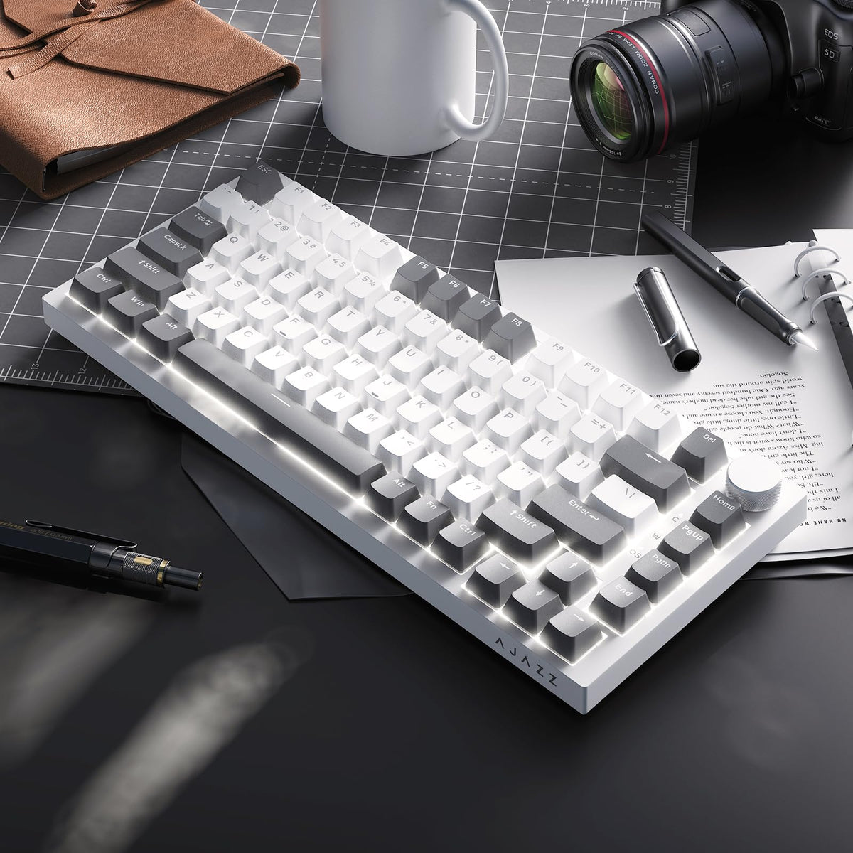 AJAZZ AK820 Wired Mechanical Keyboard, 75% Gaming Keyboard with Volume Control Knob, PBT Keycaps, 82 Keys, Five-Layer Sound Insulation Pad, South-Oriented RGB, Full-Key Hot Swap, Black Grey Yellow