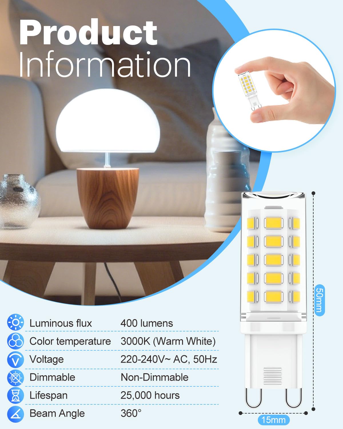 6 Pack G9 LED Bulbs Warm White, 4W, 3000K, No Flicker, Equivalent to 40W Halogen, 400LM, Non-Dimmable, Energy Saving G9 LED Light Bulbs for Decoration, Office, Home Lighting Decor and More