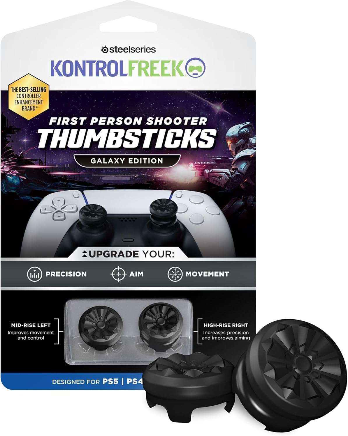 KontrolFreek FPS Freek Galaxy Black | The Original Performance Thumbsticks for PS5 & PS4 Controller | Increased Precision & Grip for FPS Games | 1 High-Rise, 1 Mid-Rise - Black