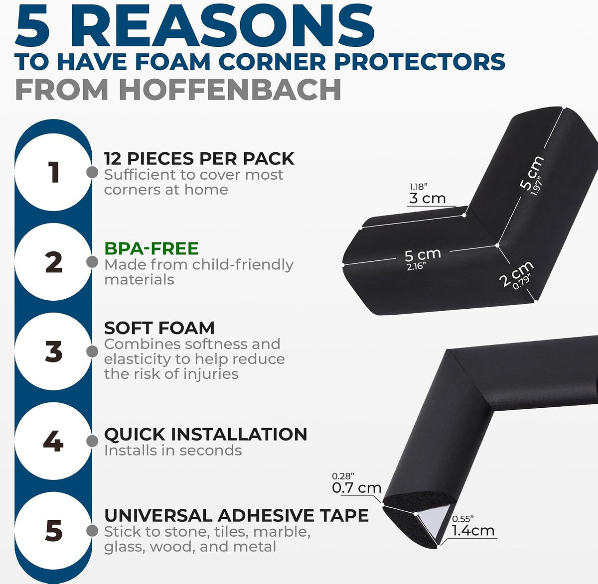 Hoffenbach 12x Baby Corner Protectors – Soft Foam Edge Guard for Kids – Self-Adhesive Bumpers for Child Safety, Furniture, Desks, Tables – Safe & Durable – Black