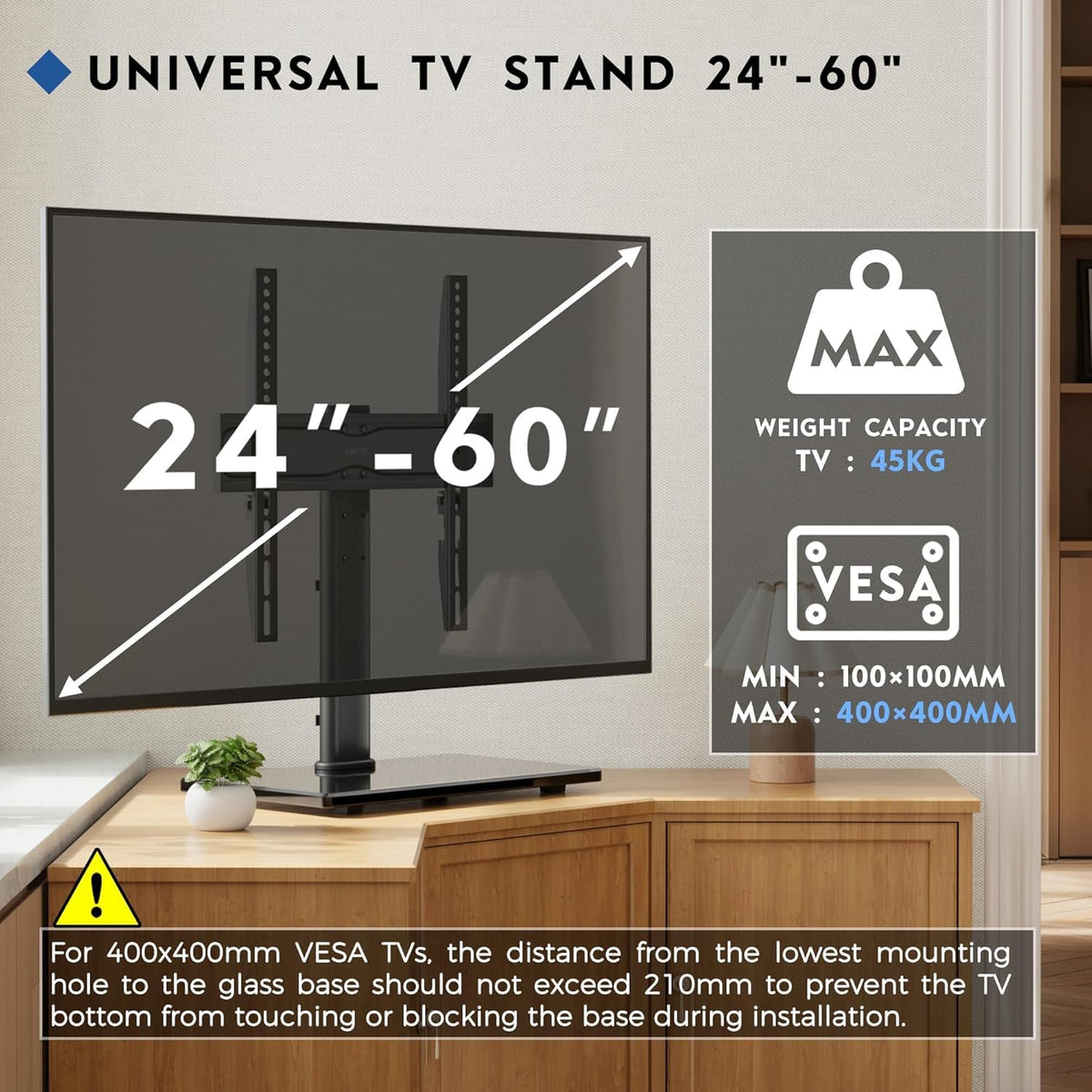 BONTEC Universal TV Stand for 24-60 Inch TVs, Height Adjustable, 45 kg