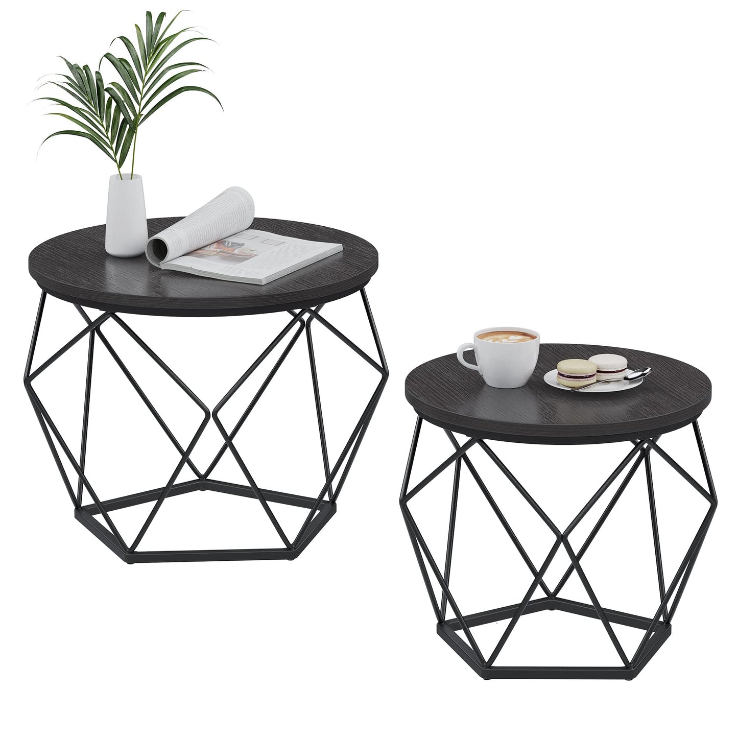 VASAGLE Coffee Tables, Set of 2 Side Tables, Robust Steel Frame, for Living Room, Bedroom, Rustic Brown and Black LET040B01