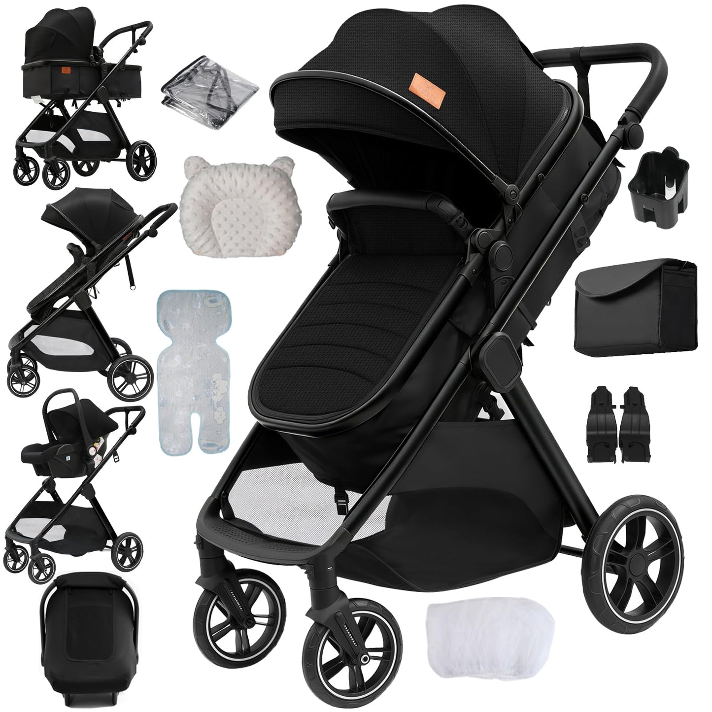 PU Leather 3 in 1 Pushchair Travel System, Toddler Stroller, Baby Pram 3 in 1, Infant Carriage with One-Click Folding, Newborn Buggy with Aluminum Frame (V6 Black)