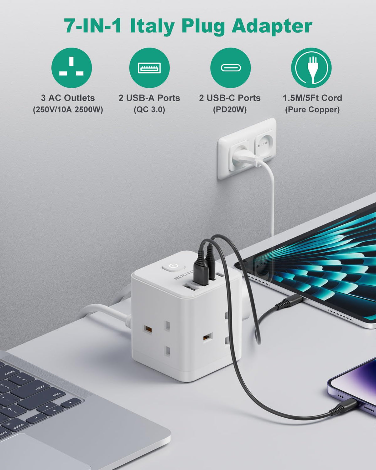 Japan Travel Adapter 3 Way 4 Fast Charging USB (QC3.0/PD20W)