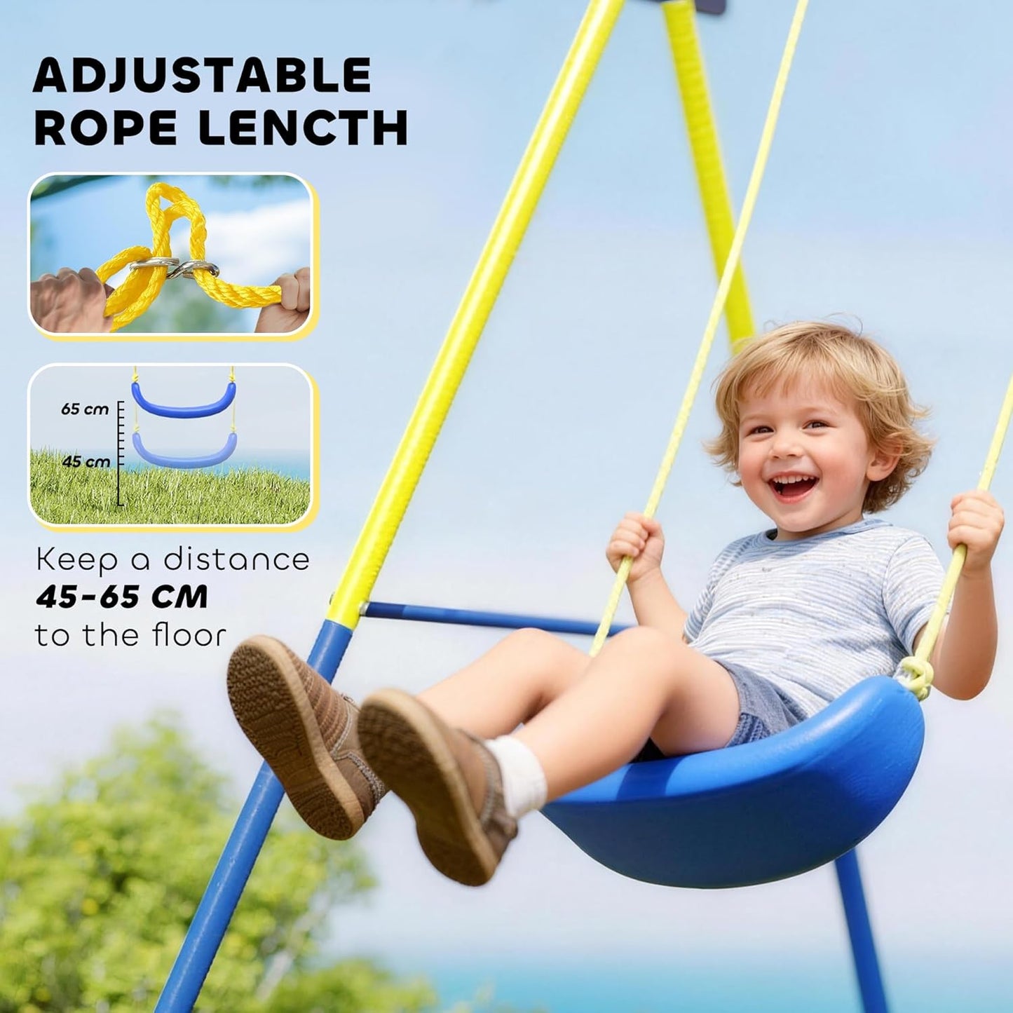 AIYAPLAY 4-in-1 Kids Swing Set with Saucer Swing, Basketball Hoop and Football Goal, Outdoor Playground Playset with Heavy-Duty Metal Frame for Garden, Ages 3-8, Multicolour