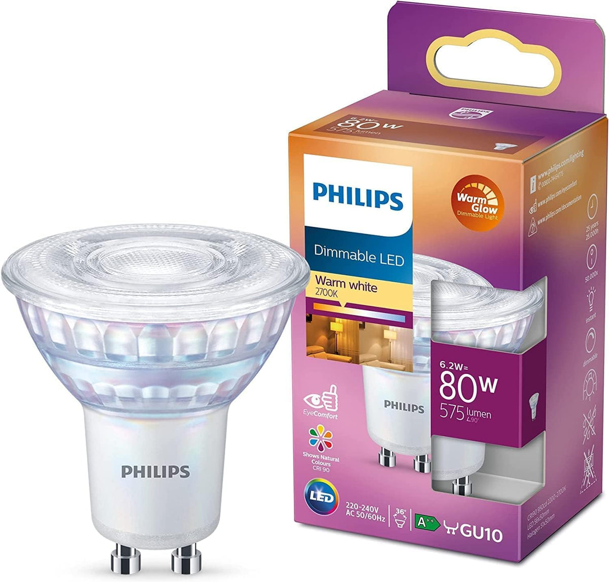 PHILIPS WarmGlow 6 Pack Dimmable [GU10 Spot] LED Light Bulbs, 3.8 W - 50W Equivalent, 2700-2200K. for Relaxed Home Lighting