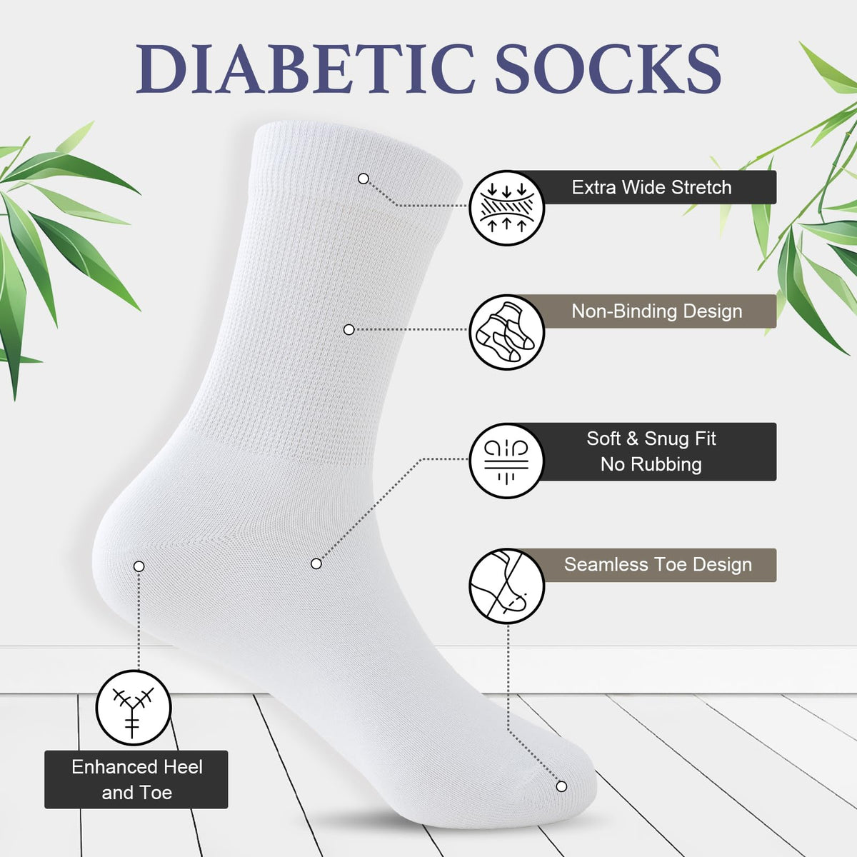 Niorasen Men's Extra Wide Diabetic Bamboo Socks, 3/6 Pairs