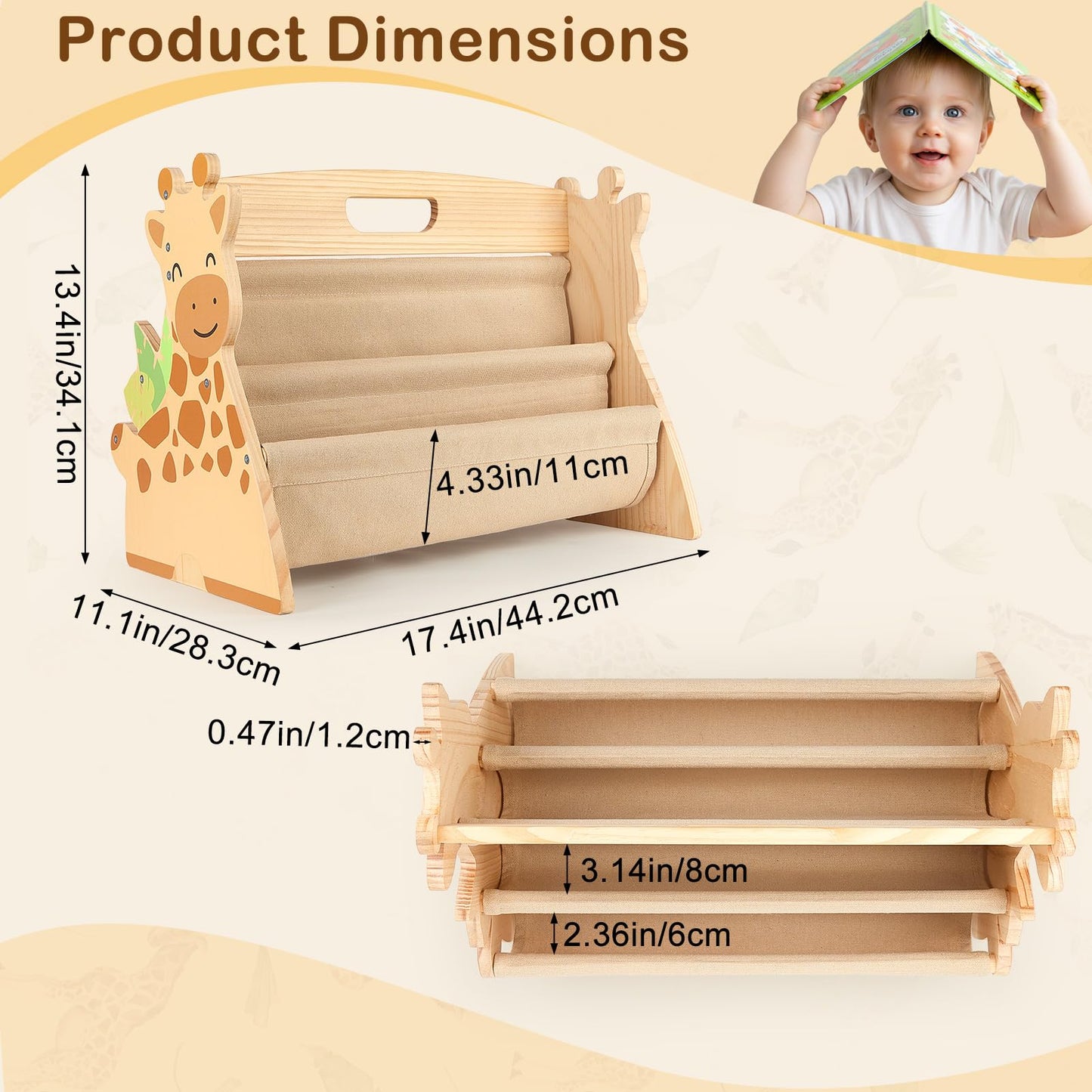 MHJY Kids Bookshelf – Wooden Double-Sided Sling Book Rack with Canvas Storage, Toddler Bookcase for Nursery, Bedroom, Playroom – Montessori Style Children’s Book Organiser