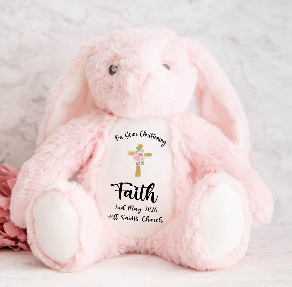 Crafted Memories - Personalised Bunny Rabbit | Custom Name & Date | Christening & Baptism Keepsake | Baby Girl & Boy | Soft Grey, White | Ideal 1st Birthday Present