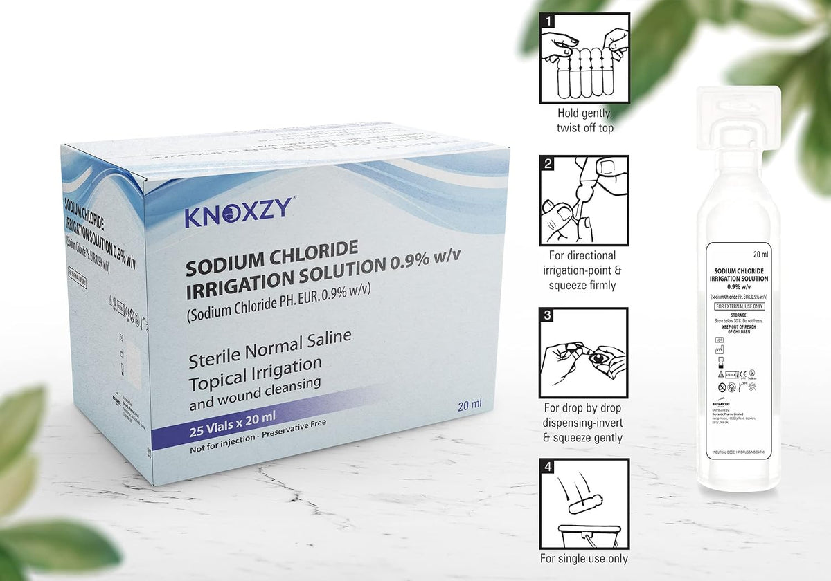 KNOXZY Sterile Saline Pods | Eye Wash | Wound Cleansing | Topical Irrigation | 25 x 20 ml sterile Pods