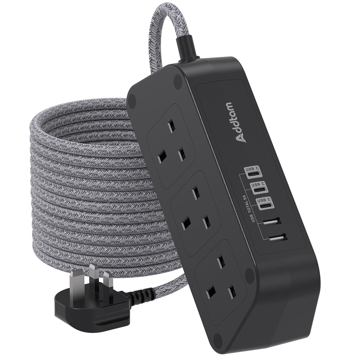 Addtam Extension Lead with USB Slots, 6 Way Outlets 5 USB(5A, 3USB- C Port)