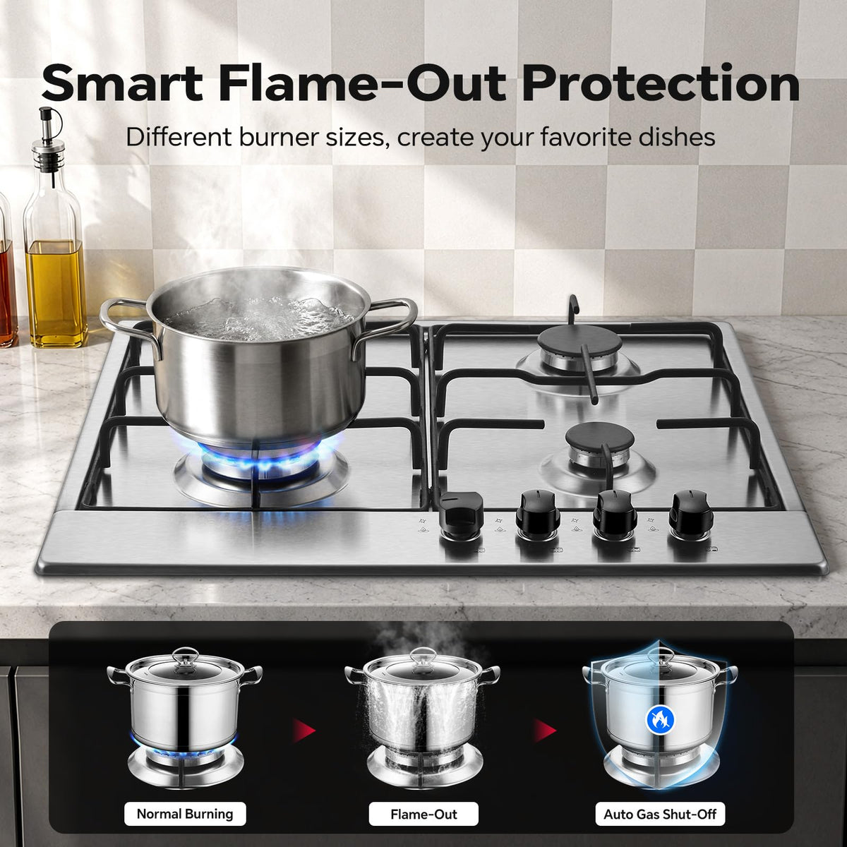 SNDOAS Gas Hob 4 Burners, NG/LPG Convertible, Built-in Black Glass Gas Hob with Wok Burner, Flame Failure Protection, 8000W, YYUKGCT-B04