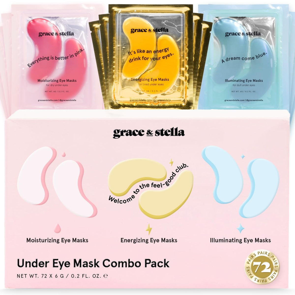 grace & stella Award Winning Under Eye Patches for Dark Circles - Illuminating Under Eye Masks for Puffy Eyes - Undereye Gel Patches with Niacinamide - Vegan - Gifts for Sisters (6 Pairs, Blue)
