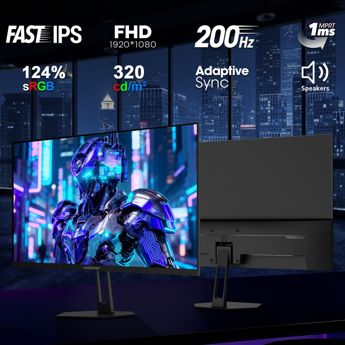 Amzfast 24 Inch 200Hz Gaming Monitor, FHD 1080P Fast IPS, 1ms MPRT, Adaptive Sync, AI-Crosshair, 110% sRGB, HDR, Low Blue Light, HDMI2.0&DP1.4, VESA75x75mm for PC Desktop Laptop PS5 Xbox, G24X1W