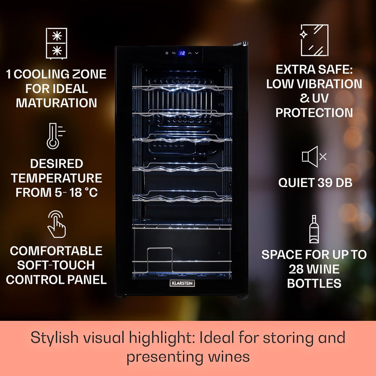KLARSTEIN Shiraz Wine Cooler Black – 8 Bottles, 1 Zone | Freestanding Wine Fridge with Glass Door, Quiet, 5–18 °C, LED, Stainless Steel Frame