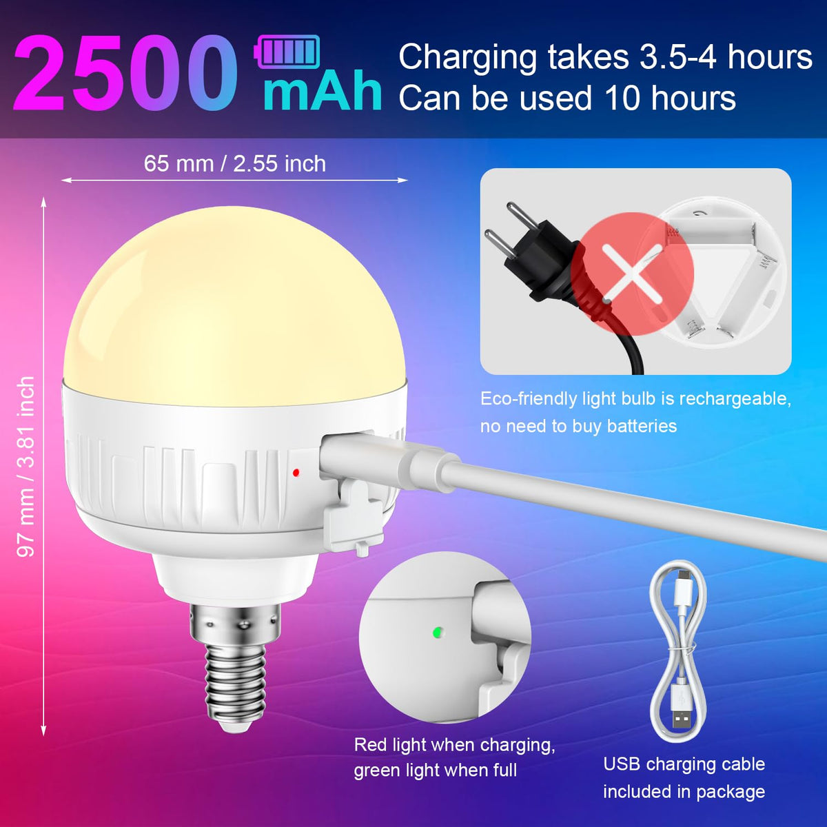 LGMCF E14 Rechargeable Light Bulb, 8W, 3 Colors, Timer, Dimmable, 2 Pack