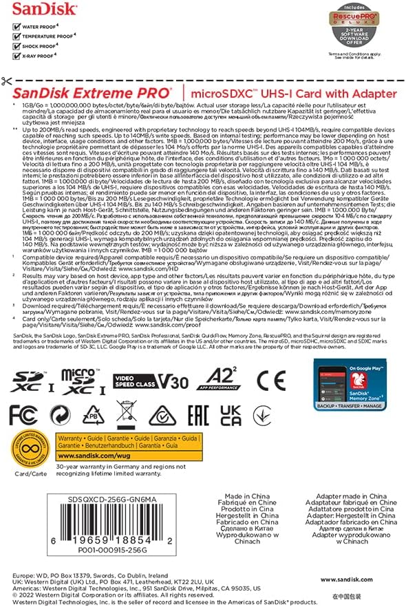 SANDISK Extreme PRO microSD Card + Adapter 256GB, Up to 200MB/s Read Speeds
