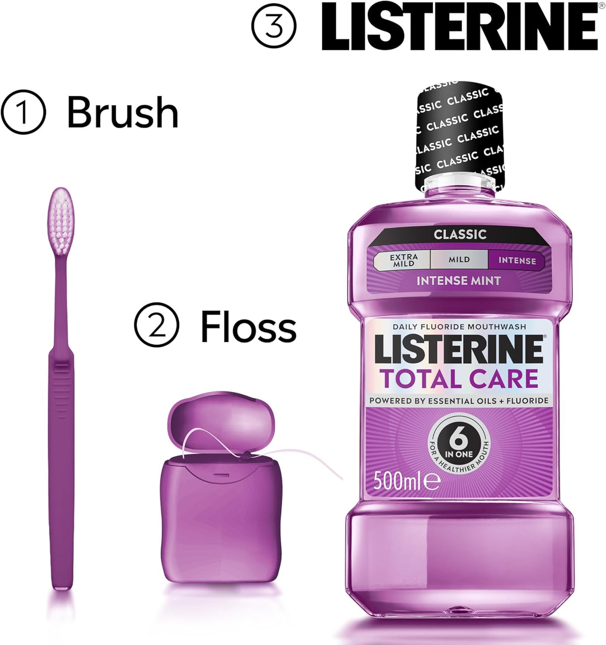 Listerine Total Care Intense Taste Classic Antibacterial Mouthwash (500ml), Fresh Mint Blast Flavour with 6-in-1 Benefits, Helps Reduce Plaque and Freshens Breath