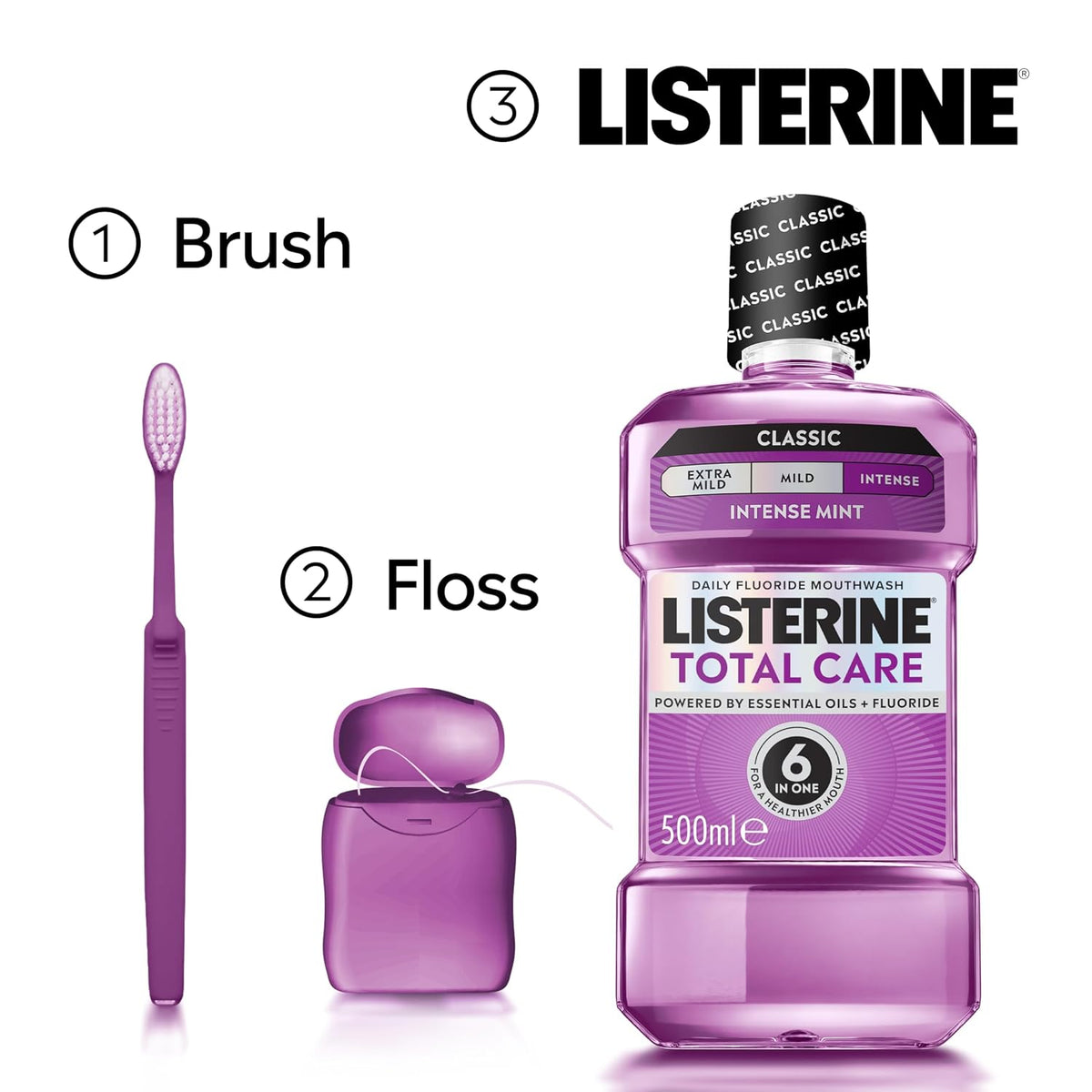 Listerine Total Care Intense Taste Classic Antibacterial Mouthwash (1000ml), Fresh Mint Blast Flavour With 6-in-1 Benefits, Helps Reduce Plaque and Freshens Breath