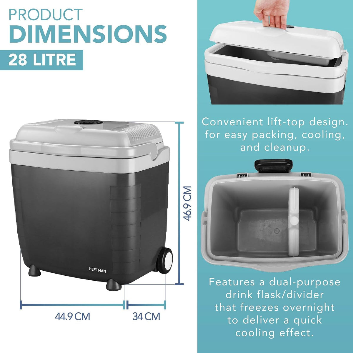 HEFTMAN 28L Electric Cooler Box with Wheels - Electric Cool Box 12V 240V