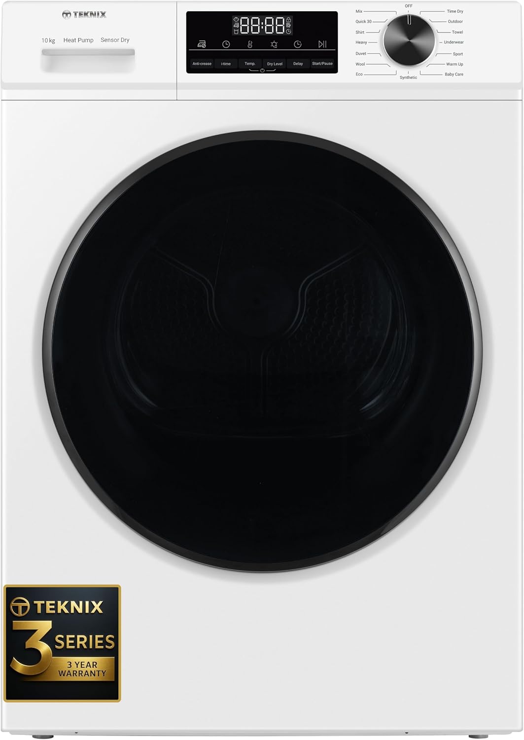 Teknix TK3HP10XW 60cm Freestanding 10kg Heatpump Front Load Tumble Dryer - Quick Dry Function - 3 Year Cover - Suitable for Garages - Allergy Care - Shoe Drying Rack - White - A++ Rated