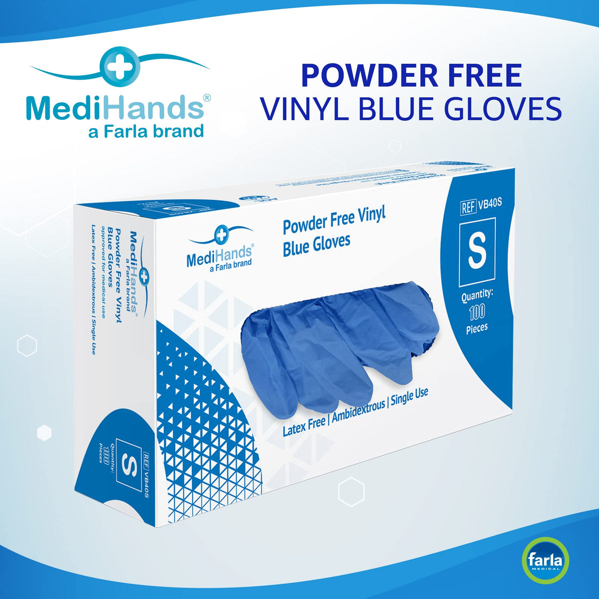 Farla MediHands Blue Medium Vinyl Gloves - Box of 100 Disposable Vinyl Gloves - Medical Gloves - Powder Free, Latex Free, & Protein Free Gloves - Multi-Purpose, Single Use