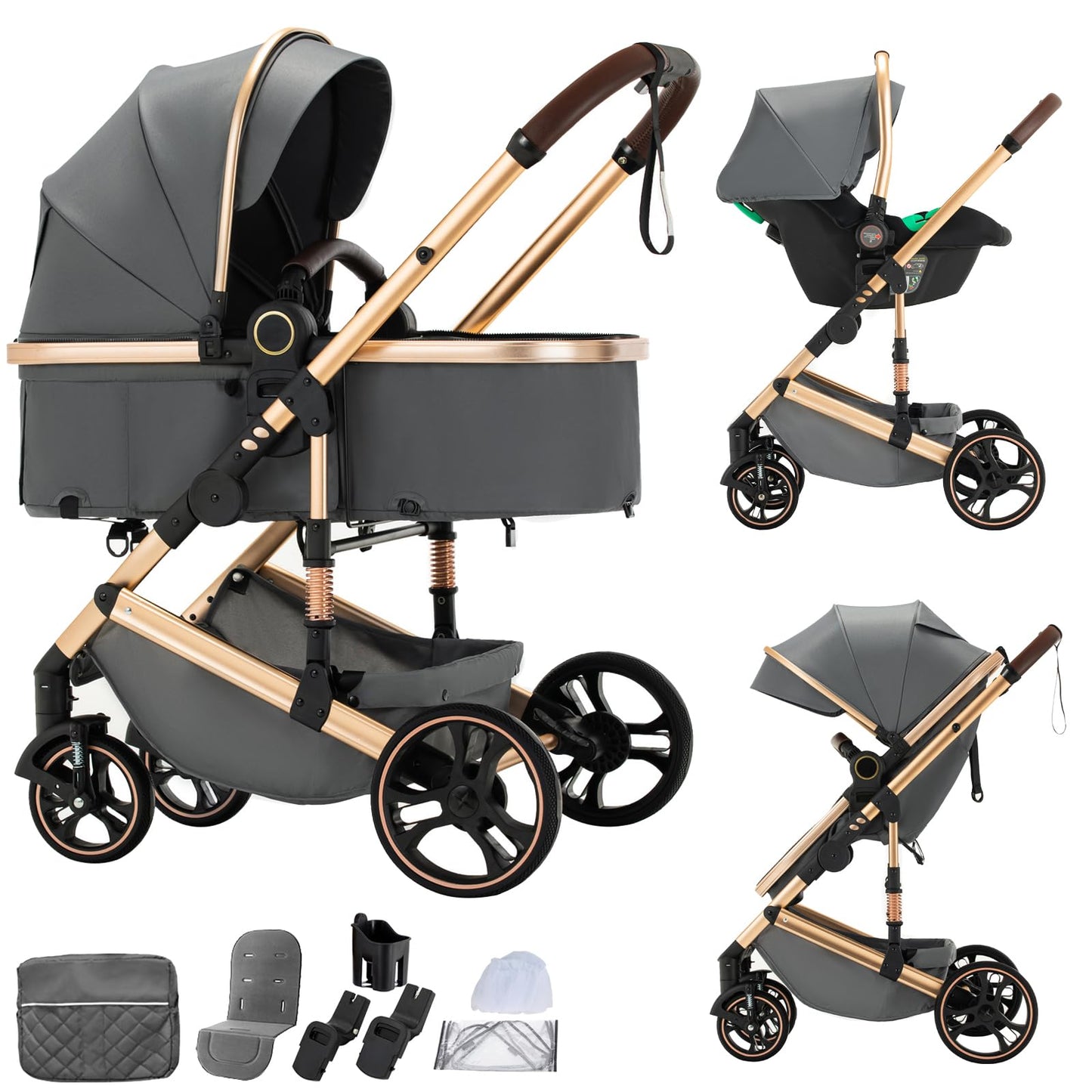BEBBY Stroller 3-in-1 Baby 3 in 1 with Seat with Foldable Aluminium Frame, Compact Stroller with Adjustable Armrests, Combined Strollers,High Landscape Travel Pushchair (gen-H9-PINK, H9)