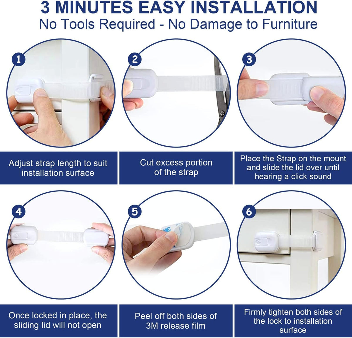 Adjustable Child Locks for Kitchen Cupboards 10 Pack - White