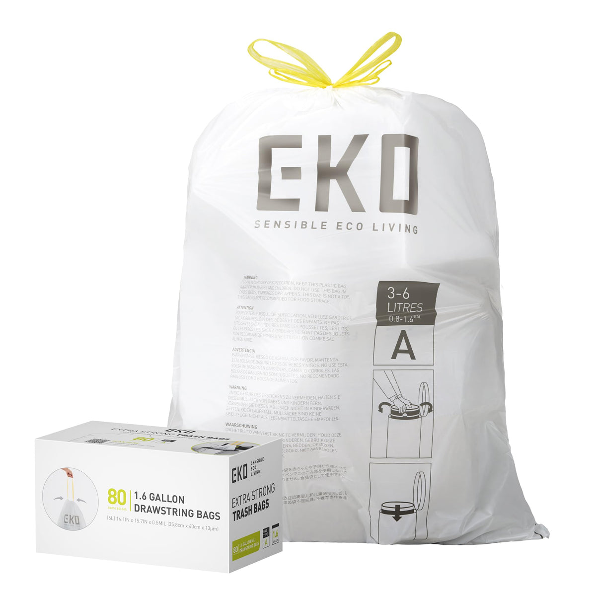 EKO Bin Bags, Kitchen Bin Liners, Drawstring, 40-60 Litre, 12 Count, Code F