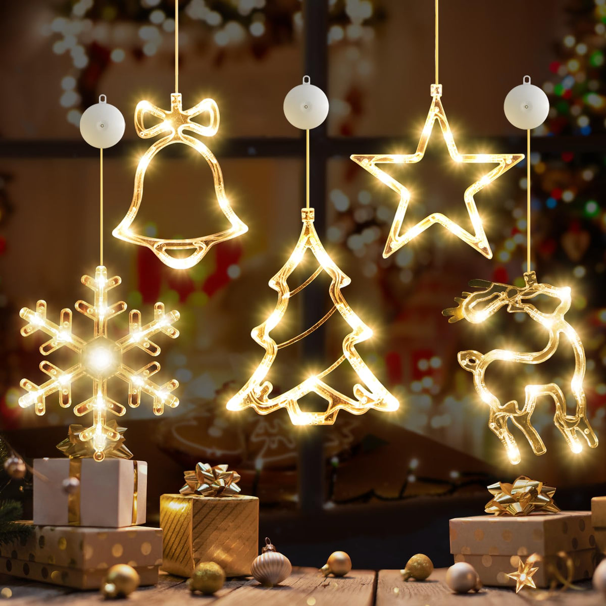 LYUBASA 5Pack Christmas Window Lights Decorations with Timer,Battery Powered Christmas Hanging White Lighted Snowflake Shaped LED Sucker for Xmas Tree Fireplace Indoor Decor
