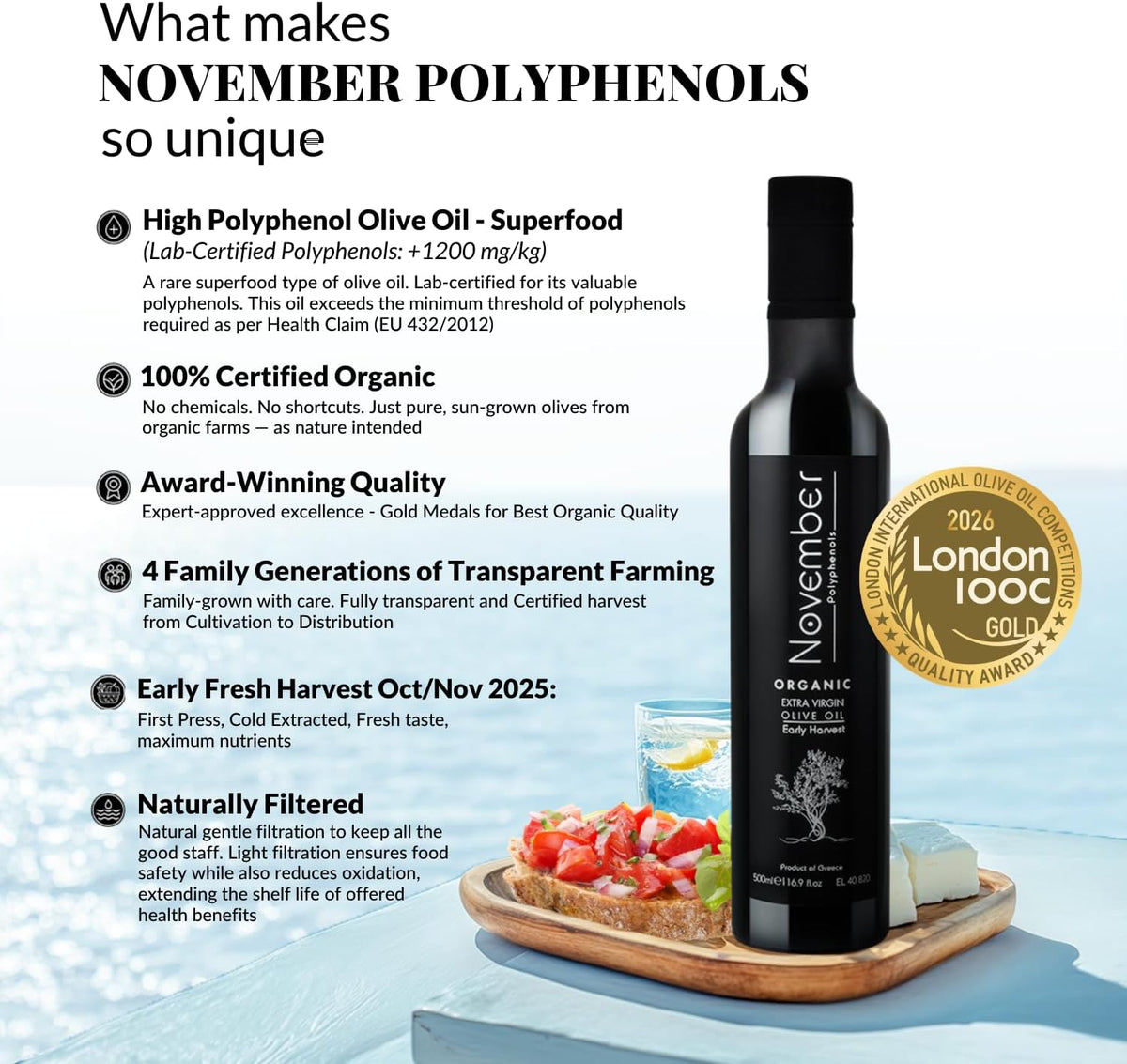November Polyphenols Olive Oil Extra Virgin - Organic High Phenolic EVOO – Early Harvest – Lab Certified +1200mg/kg High Polyphenol – Cold Pressed Extra Virgin – Greek – 500ml Bottle