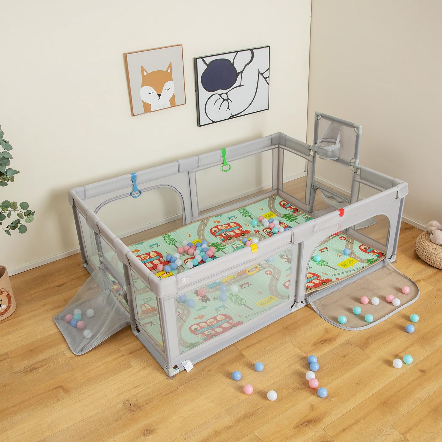COSTWAY Baby Playpen, Toddler Mesh Play Pen with Mat, Pull Rings, Basketball Hoop, Football Nets, Ocean Balls, Indoor Outdoor Safety Playard for Babies and Toddlers (Light Gray, 207 x 142cm)