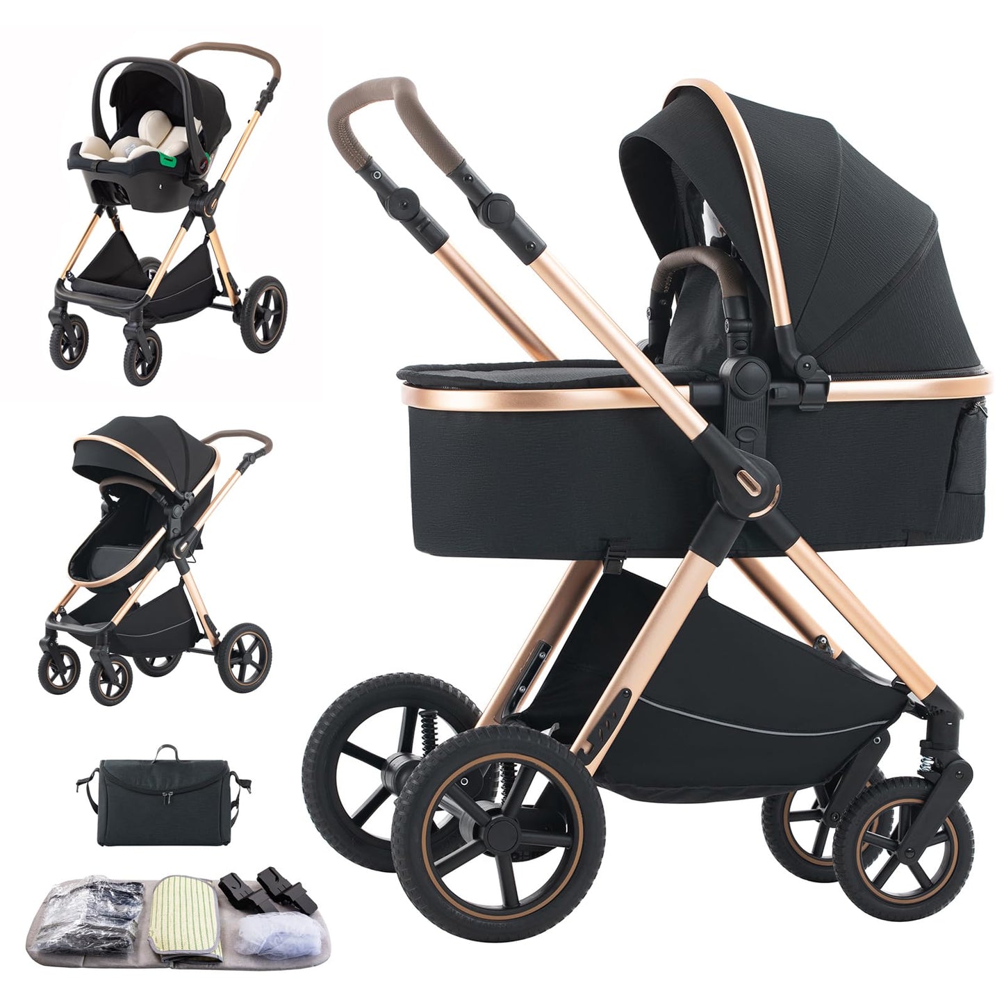 3 in 1 Baby Stroller with Height Adjustable Handle,3 in 1 Prams Travel System, Lightweight Foldable Pushchair, Prams with Aluminum Frame for Portable Baby Carriage (D2 Pink, H2-D)