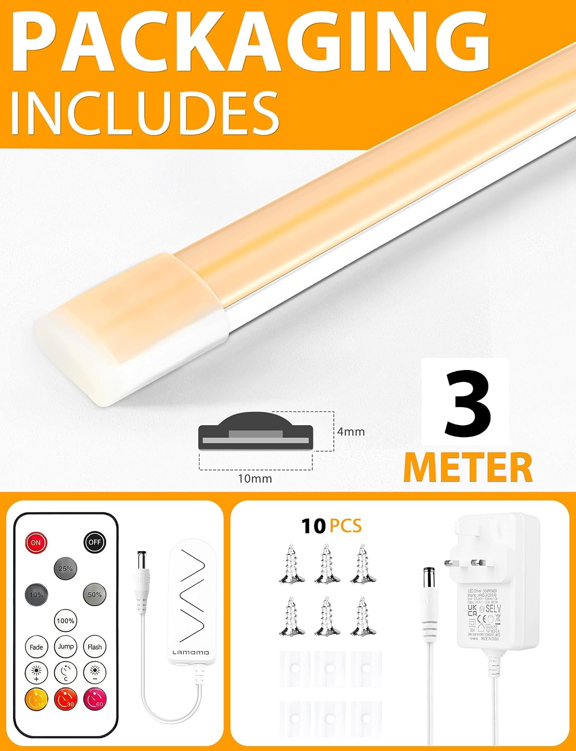 Lamomo 3M COB LED Strip Light,Warm White Dimmable Neon Rope with Remote