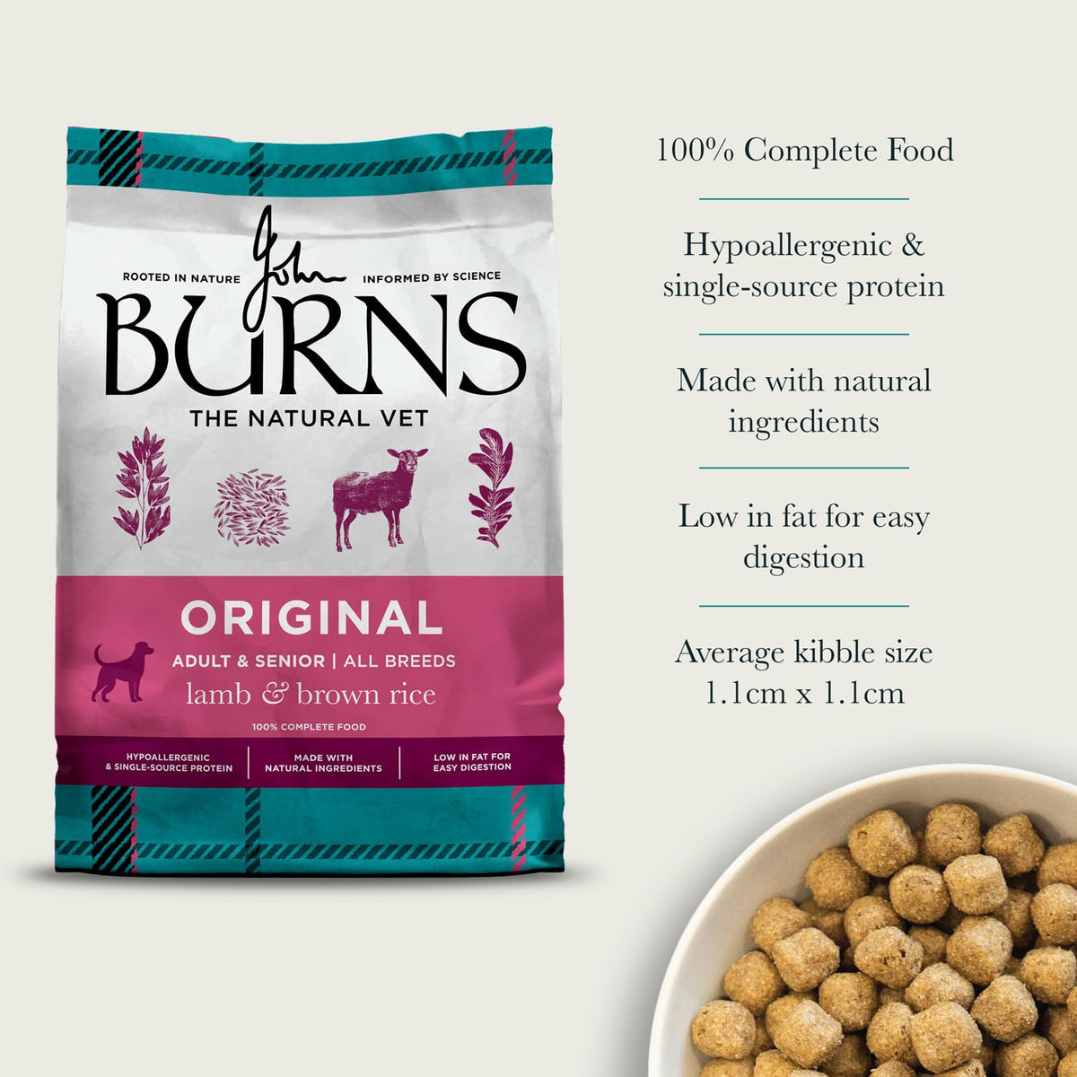 Burns Pet Nutrition Hypoallergenic Complete Dry Dog Food Adult and Senior Dog Original Chicken and Brown Rice 12 kg