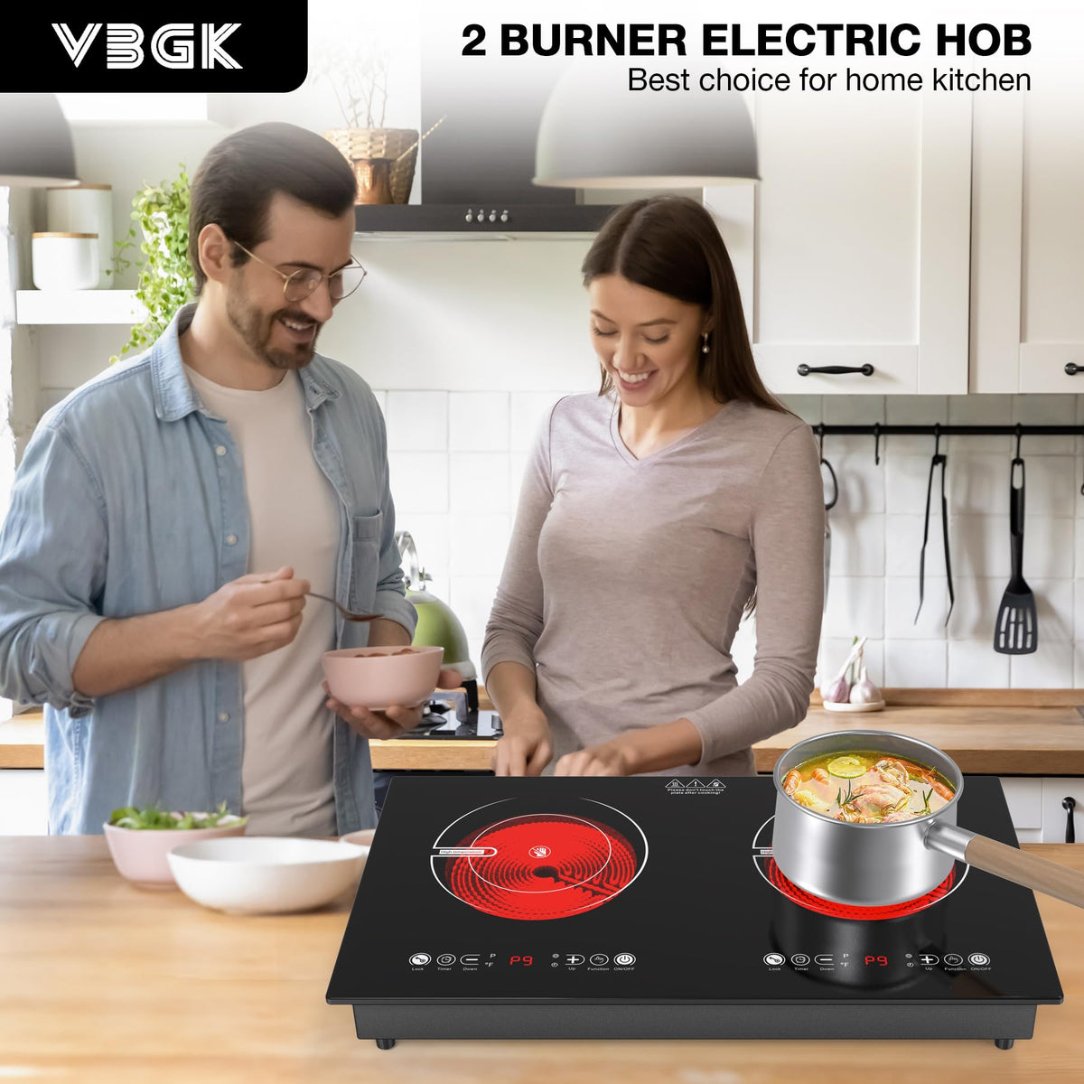 VBGK Portable Ceramic Hob, 2000W Portable Electric Hob, Electric Ceramic Hob, Single Cooking Zone with LED Display, 4-Hours Timer, Safety Lock, Residual Heat Indicator