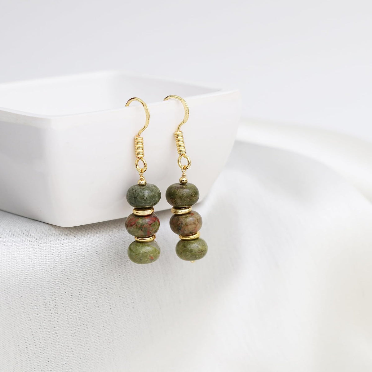 Gempires Natural Gemstone Rondelle Bead Earrings for Women | 8mm Beaded Drop Dangle Earrings | Gold Plated Hypoallergenic Hook Jewelry | Handmade Lightweight Crystal Earrings