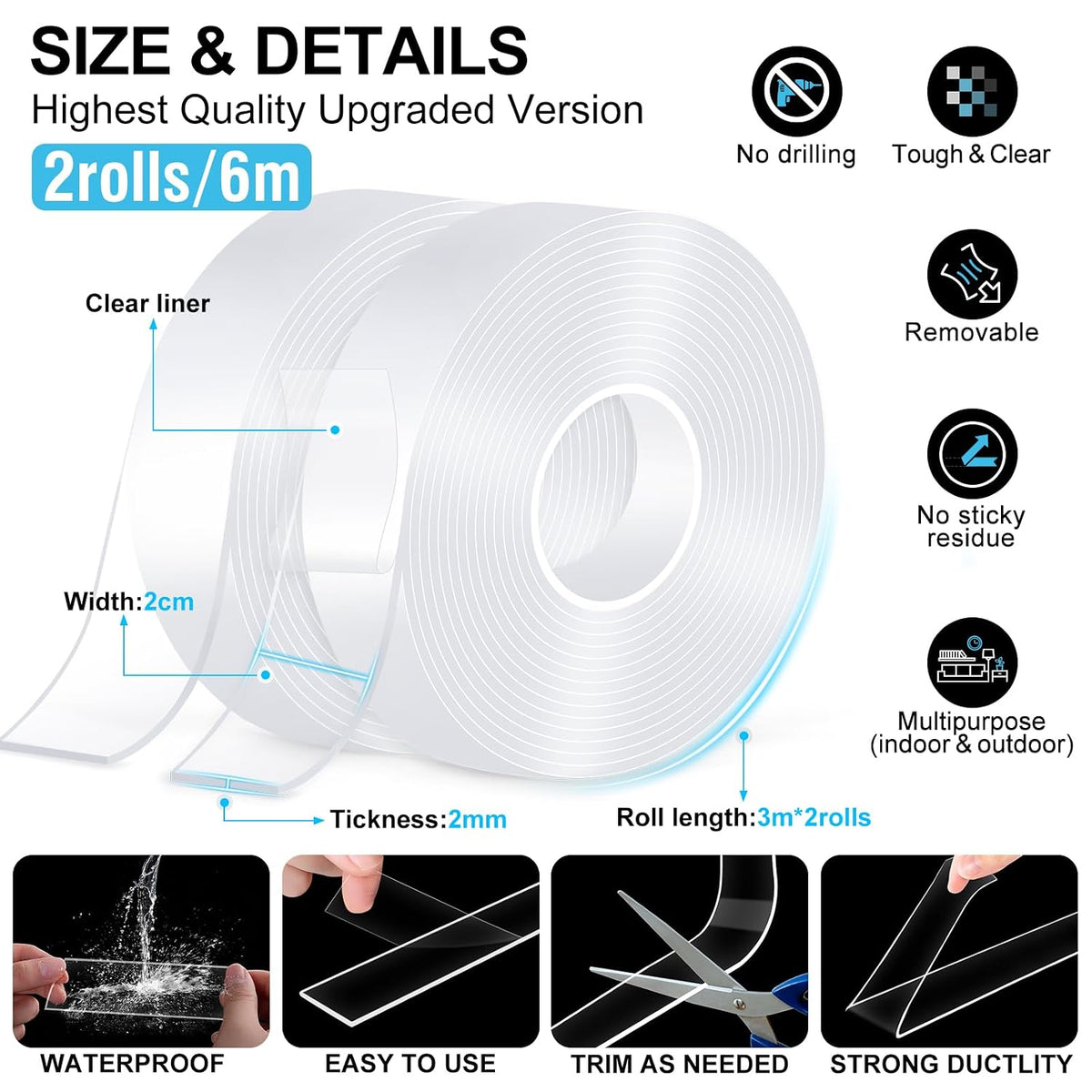 Double Sided Tape Heavy Duty,(6mx2cmx2mm,2Rolls) Strong Double Sided Mounting Nano Tape,Multipurpose Clear Adhesive Picture Hanging Strips,Removable Adhesive Sticky Tape for Poster Walls Decor Carpet