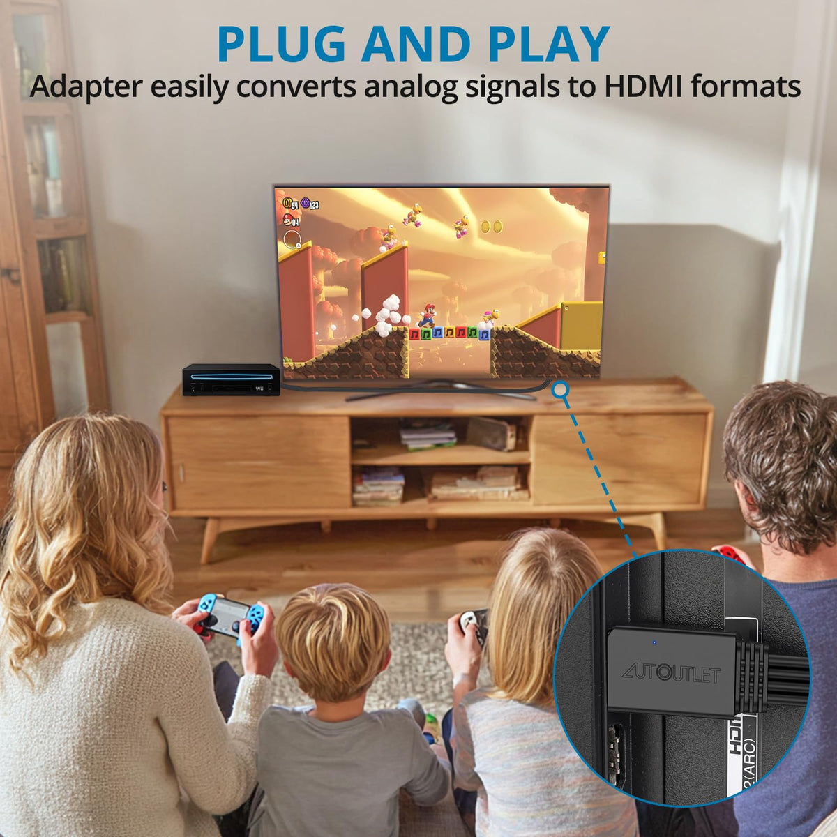 AUTOUTLET Wii to HDMI Converter 1080P 5ft/150 cm for Full HD Device, Adapter with HDMI Male Cable Output Compatible with Nintendo Wii, Wii U, HDTV, Monitor-Supports All Wii Display Modes