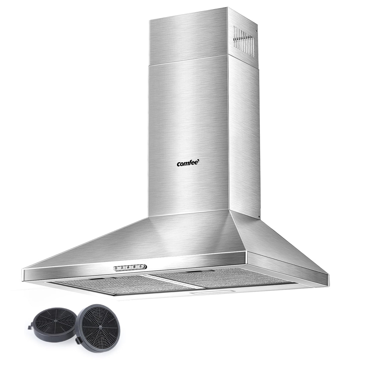 COMFEE' 90 cm Chimney Cooker Hood Class A++ Extractor Hood with LED and Recirculating & Ducting System Wall Mounted Range Hood 900 mm Extractor Fan kitchen with Carbon Filters