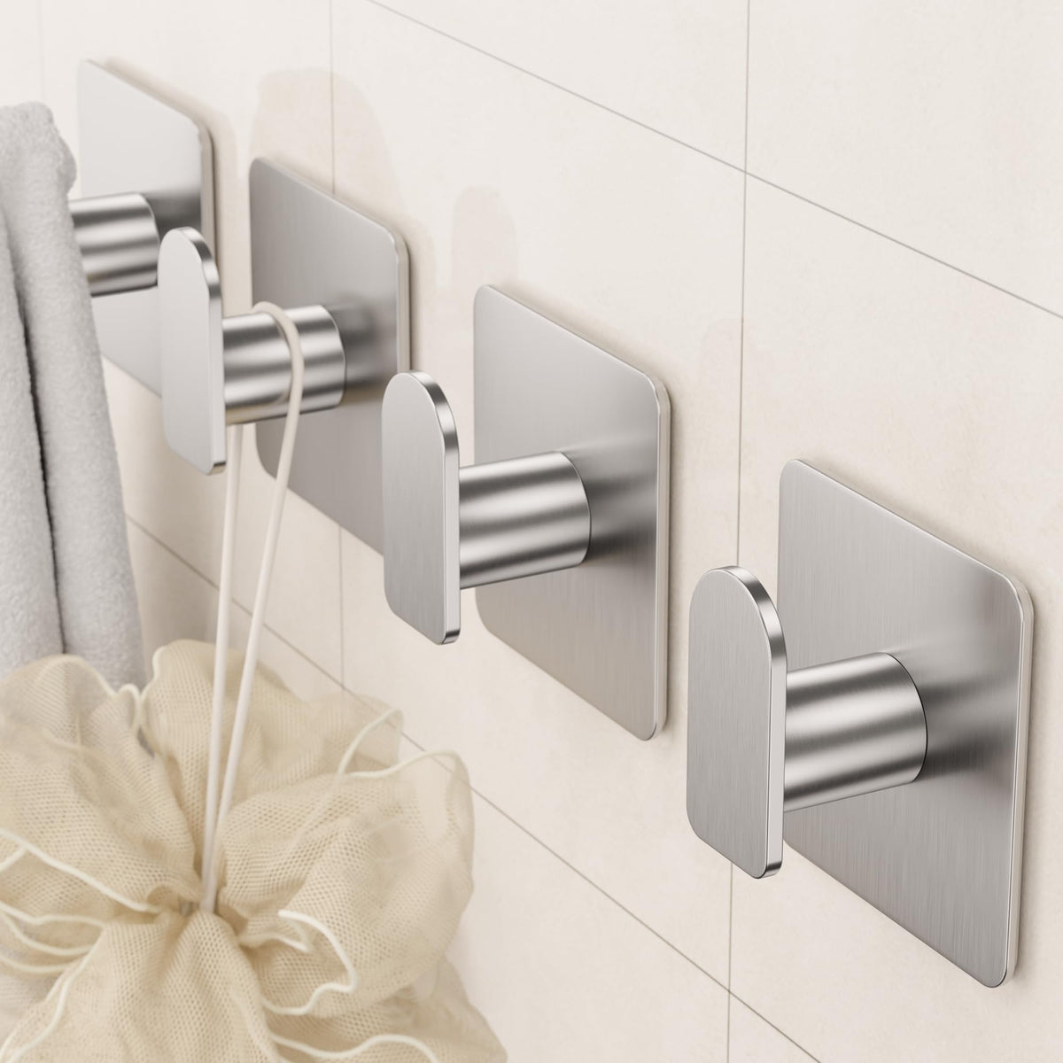 Aikzik 4 Pack of Self Adhesive Hooks, Max 8kg Load Sticky Hooks, Tea Towel Hooks, Versatile Self-Adhesive Wall Hooks for Use in Bathrooms, Kitchens, Doors, Cupboards, Bed Curtains, Towels, Key