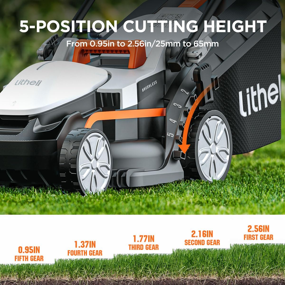 Litheli Cordless Lawnmower, 20V/33cm Cutting Width, Battery Lawn Mower, 5 Cutting Heights, 30L Grass Box, Incl. 4.0Ah Battery