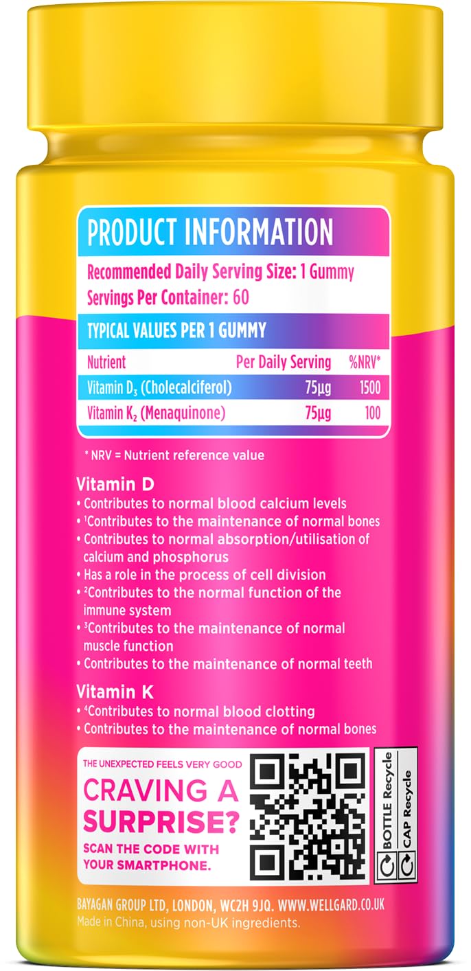 Wellgard Kids Calcium & D3 Gummies - 2 Month Supply - Vegan Chewable Calcium and Vitamin D3 Gummies, Mixed Berry Flavour