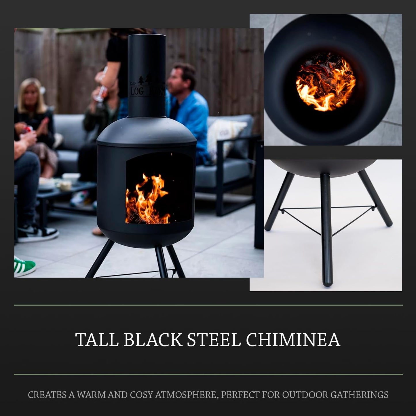 Log Barn Fire Chiminea for Garden (43 x 43 x 118 cm). Black Steel Log Burner Outdoor with Poker. Durable, Easy to Assemble, Lightweight Wood Burner Outdoor - Genuine Log Barn Garden Chiminea