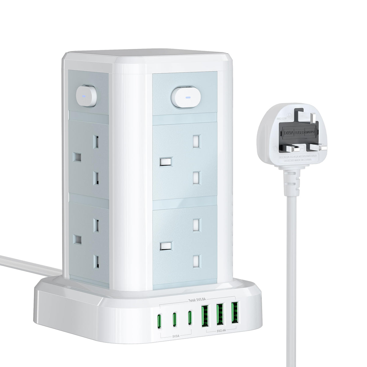 6M Tower Extension Cord with 6 USB Slots, Toomke 8 Way Extension Sockets with 3 USB A and 3 USB C, Tower Plug Extension with 4 Independent Switches 13A 3250W