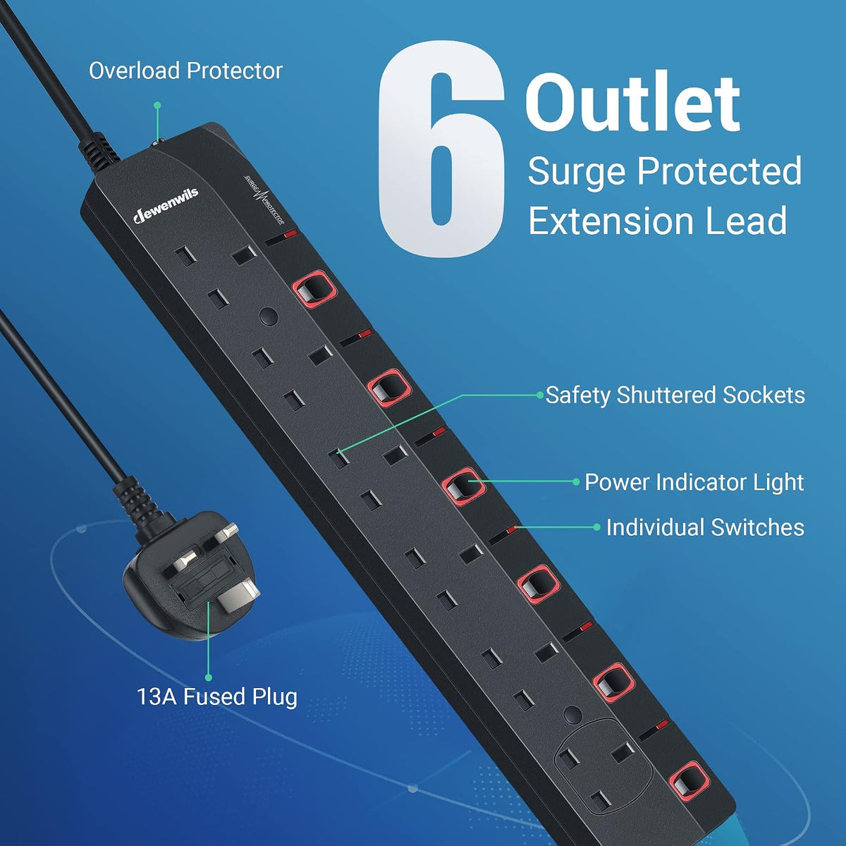 DEWENWILS 6 Way Surge Protected Extension Lead with Individual Switches