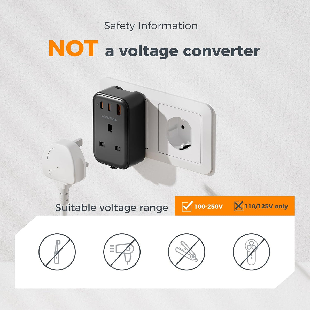 TESSAN UK to Universal Travel Adapter, 1 Pack, Black