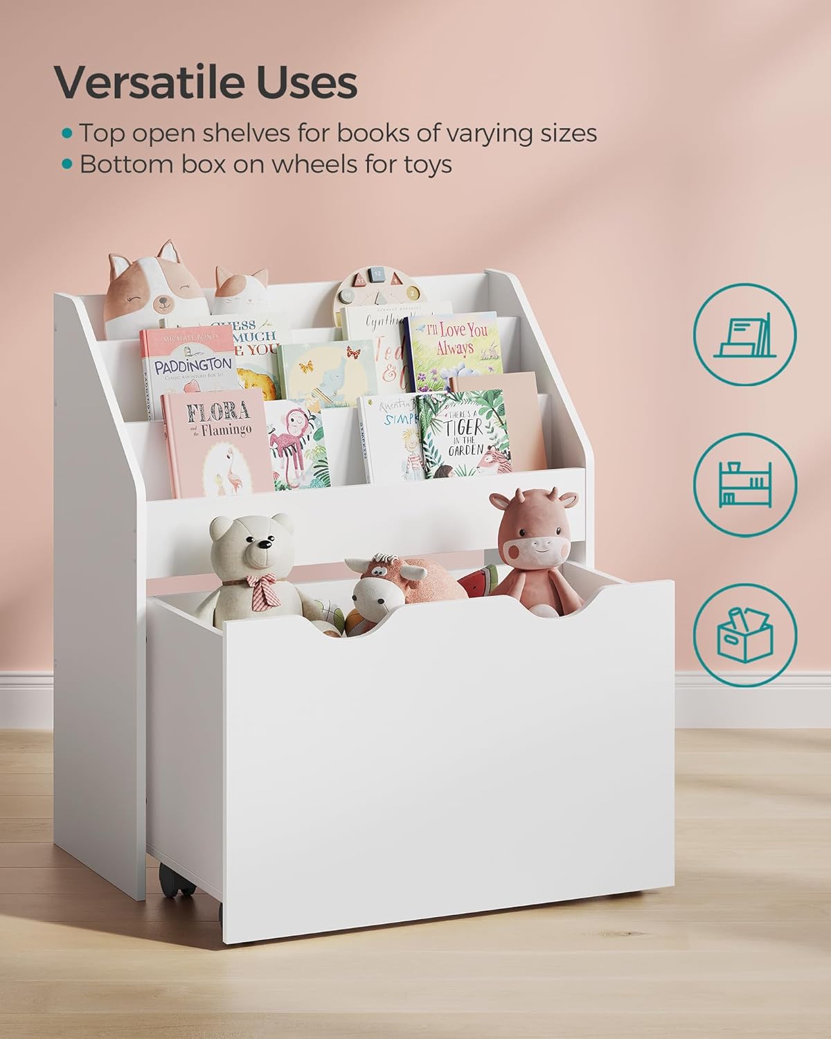 SONGMICS Kids Bookshelf and Toy Organiser, Toy Storage Chest and Bookcase with 3 Shelves, Storage Box with Wheels, Multipurpose, for Children's Room and Playroom, Cloud White GKR041W10